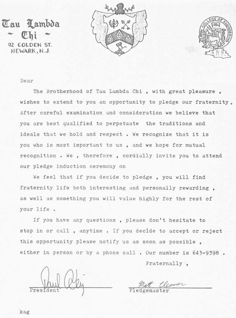 Pledge Recruitment Letter - Fall 1980